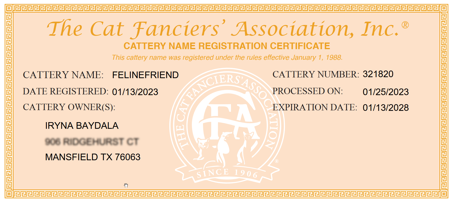 CFA Registered Cattery Certificate