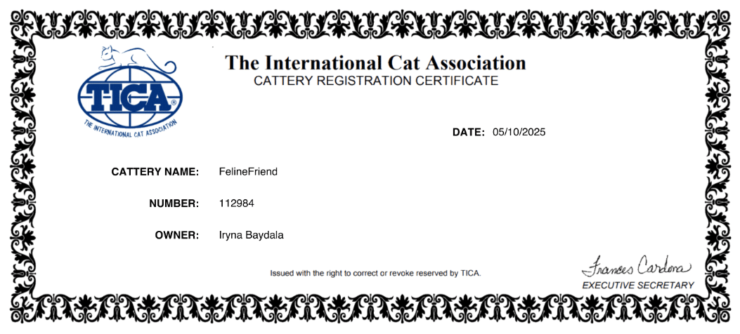 TICA Registered Cattery Certificate